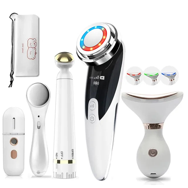 Set of electronic devices including a white handheld device, black and silver device, and other white and black devices on a white background.