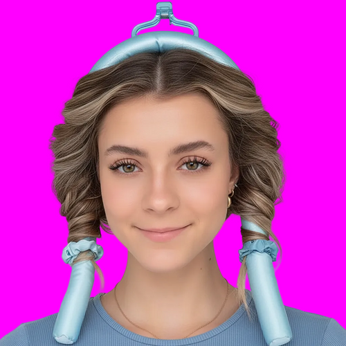 Collage of a woman with styled hair and pink and blue hair rollers.