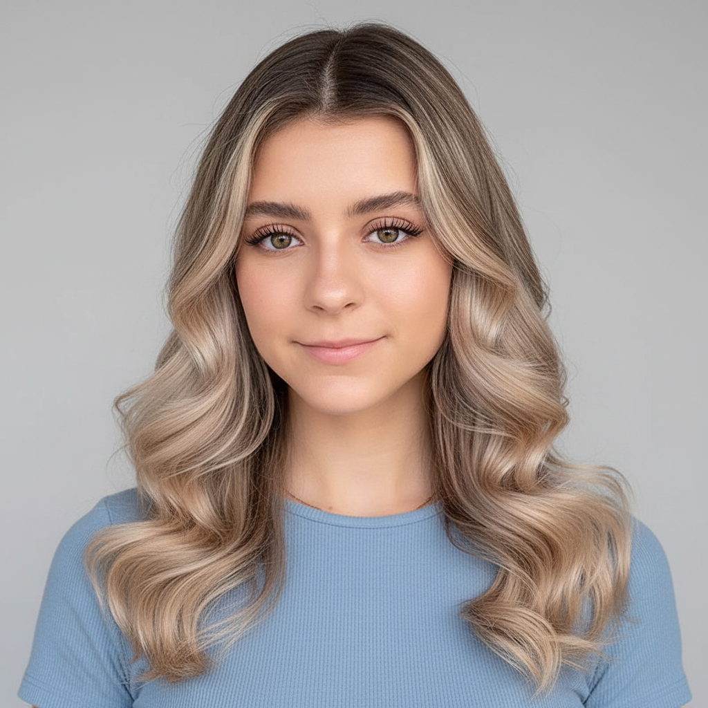 Woman with wavy, two-tone hair wearing a blue shirt against a gray background