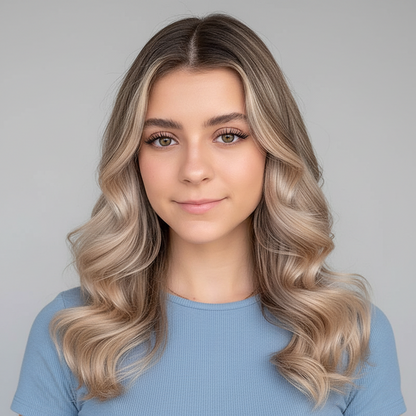 Woman with wavy, two-tone hair wearing a blue shirt against a gray background