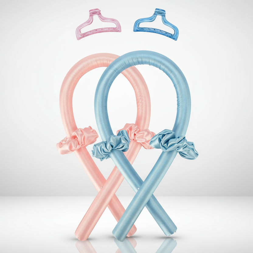 Collage of a woman with styled hair and two balloon arches in pink and blue.