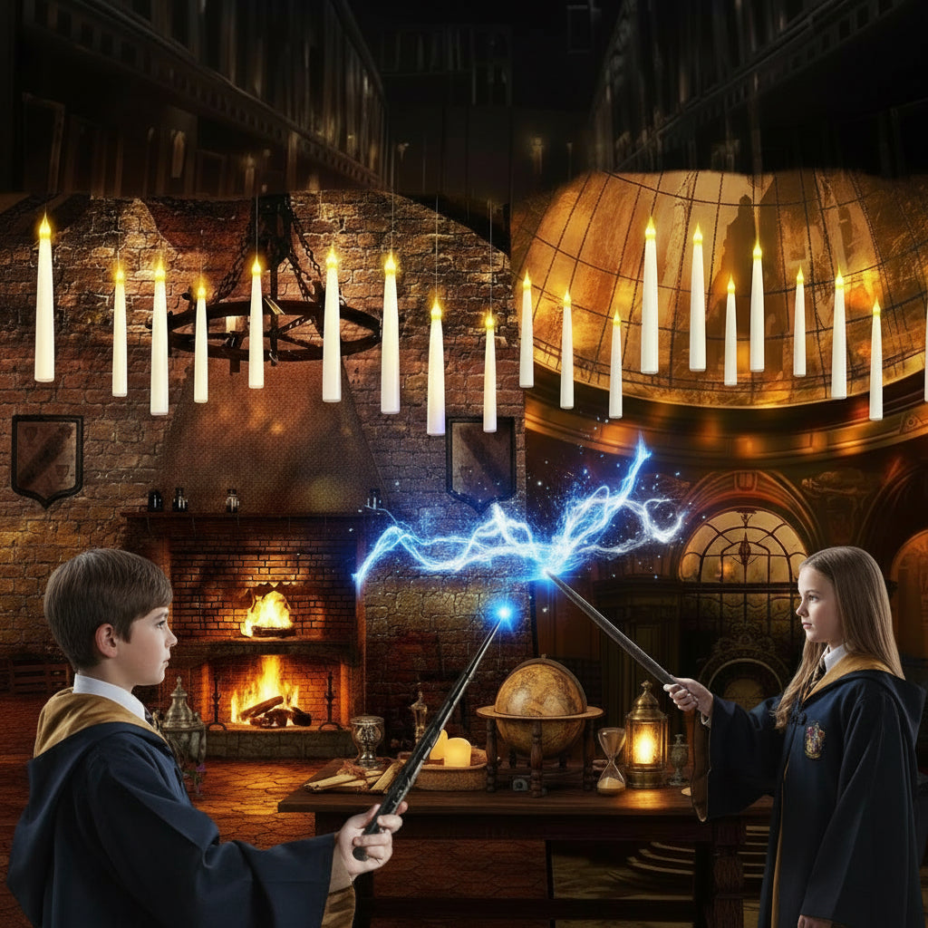 Two children in wizard costumes with wands, surrounded by candles and magical effects.