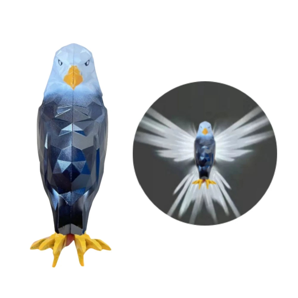 Geometric penguin toy with a close-up inset showing its design details on a white background.