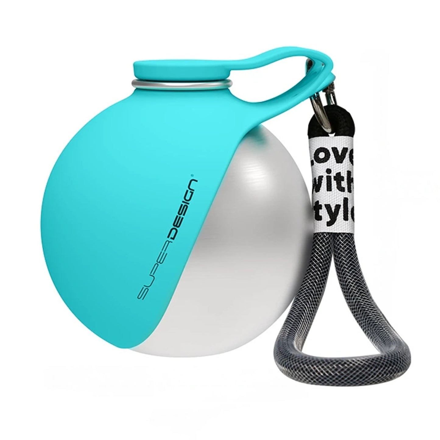 Teal and white dog toy with a black rope and keychain on a white background