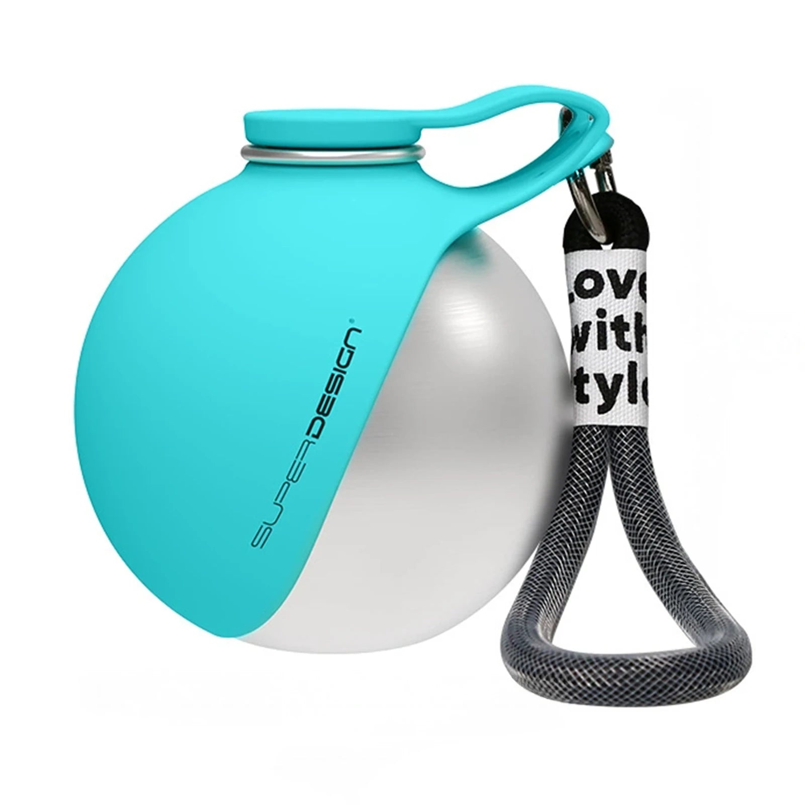 Teal and white dog toy with a black rope and keychain on a white background
