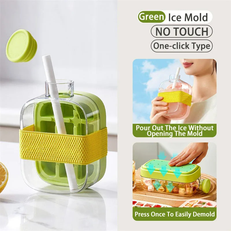 Green ice mold with yellow band and straw, featuring text on a white background
