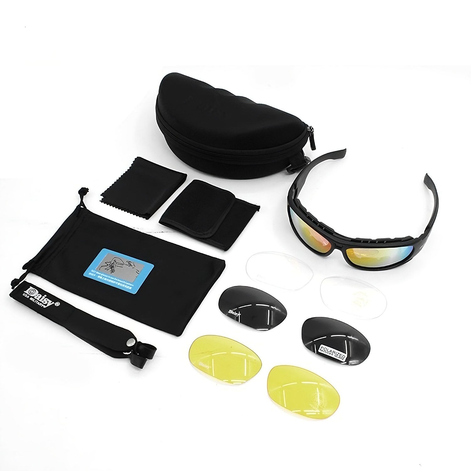 Sunglasses with multiple lenses and carrying case on a white background