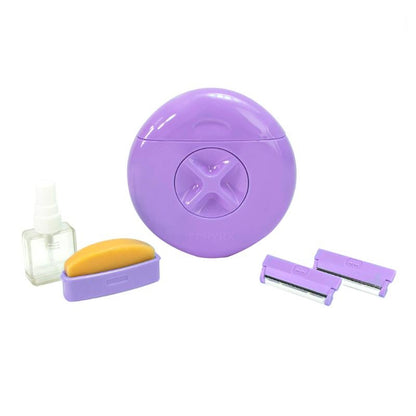 Purple kitchen tool set with a round component, a rectangular block, and two smaller items on a white background.