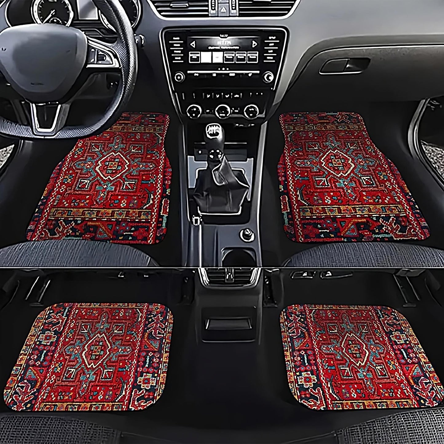 Car interior with red patterned floor mats on a black background