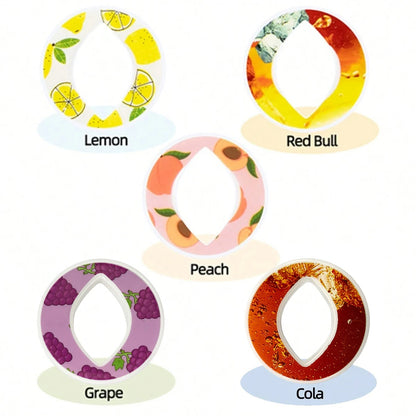 Five LEMON shape flavored bottle pods labeled 'Lemon', 'Red Bull', 'Peach', 'Grape', and 'Cola' on a white background.