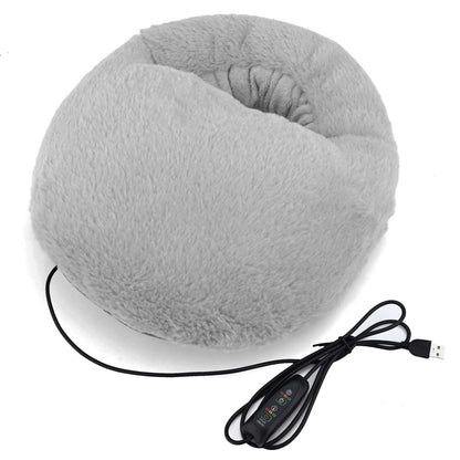 Gray neck pillow with USB cable on a white background
