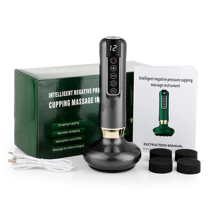 Intelligent negative pressure cupping massage instrument with packaging and accessories on a white background