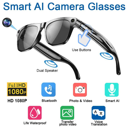 Smart AI Camera Glasses with features highlighted on a white background