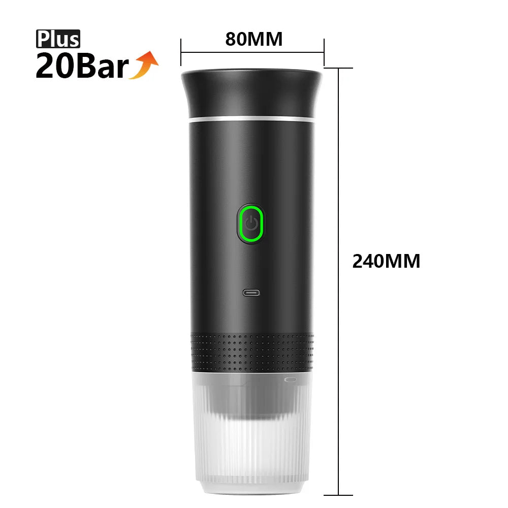 Black and clear device with measurements and 'Plus 20Bar' branding on a white background
