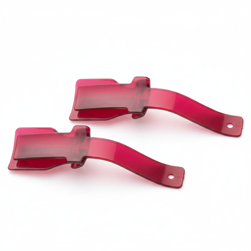 Two red plastic visors on a white background