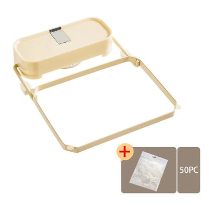 Beige laptop stand with a small screen on top, accompanied by 50 plastic bags on a white background.