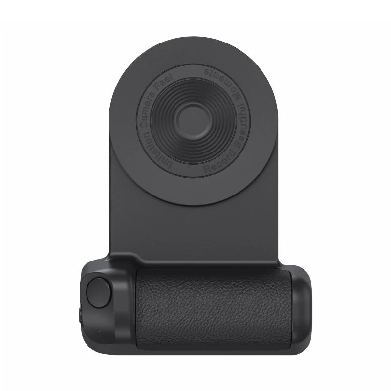 Black camera lens with a grip on a white background
