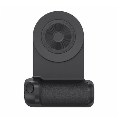 Black camera lens with a grip on a white background