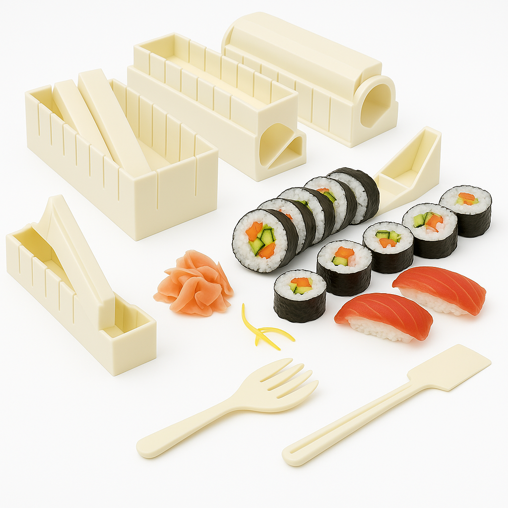 Sushi-making kit with模具, sushi rolls, and utensils on a white background