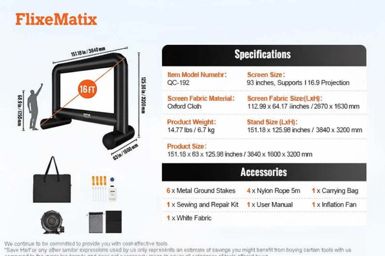 Inflatable 16 FT Inflatable screen with FlixeMatix branding and specifications on a white background.