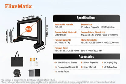 Inflatable 16 FT Inflatable screen with FlixeMatix branding and specifications on a white background.
