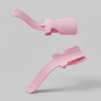 Two turquoise plastic items on a pink background