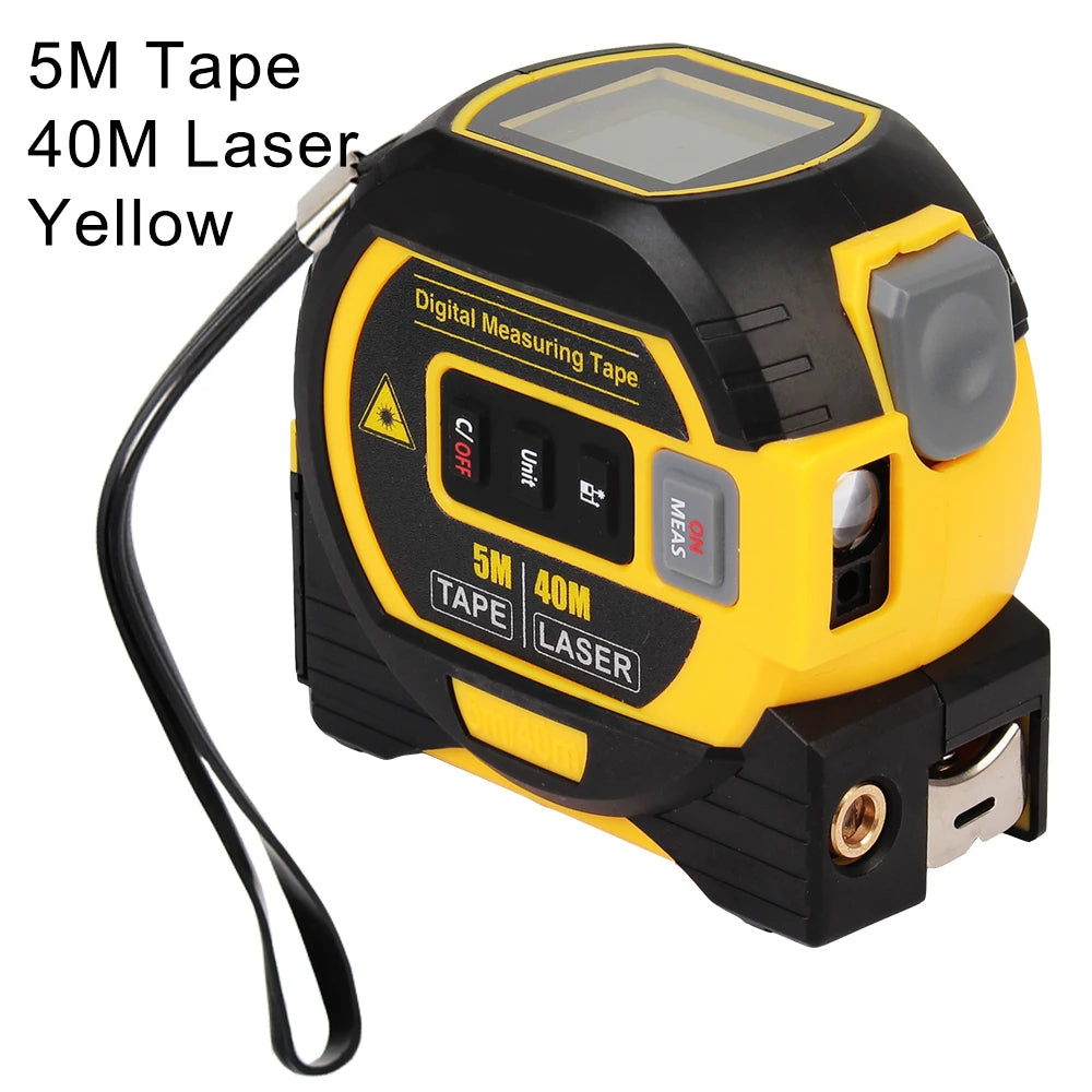 Yellow digital measuring tape with laser feature on a white background, 5m tape, 40m Laser.