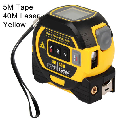 Yellow digital measuring tape with laser feature on a white background, 5m tape, 40m Laser.