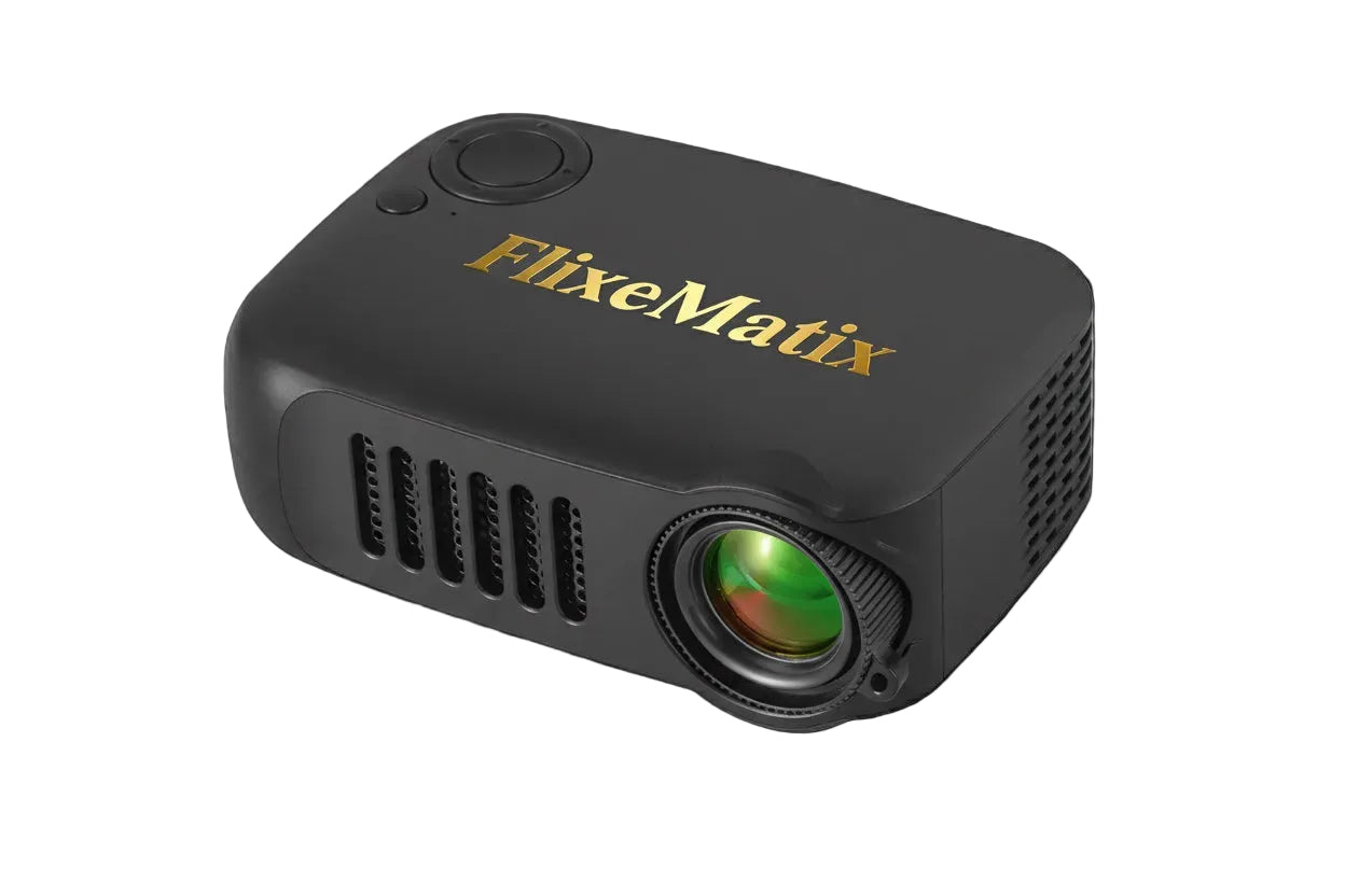 FlixeMatix black portable video projector on a white background