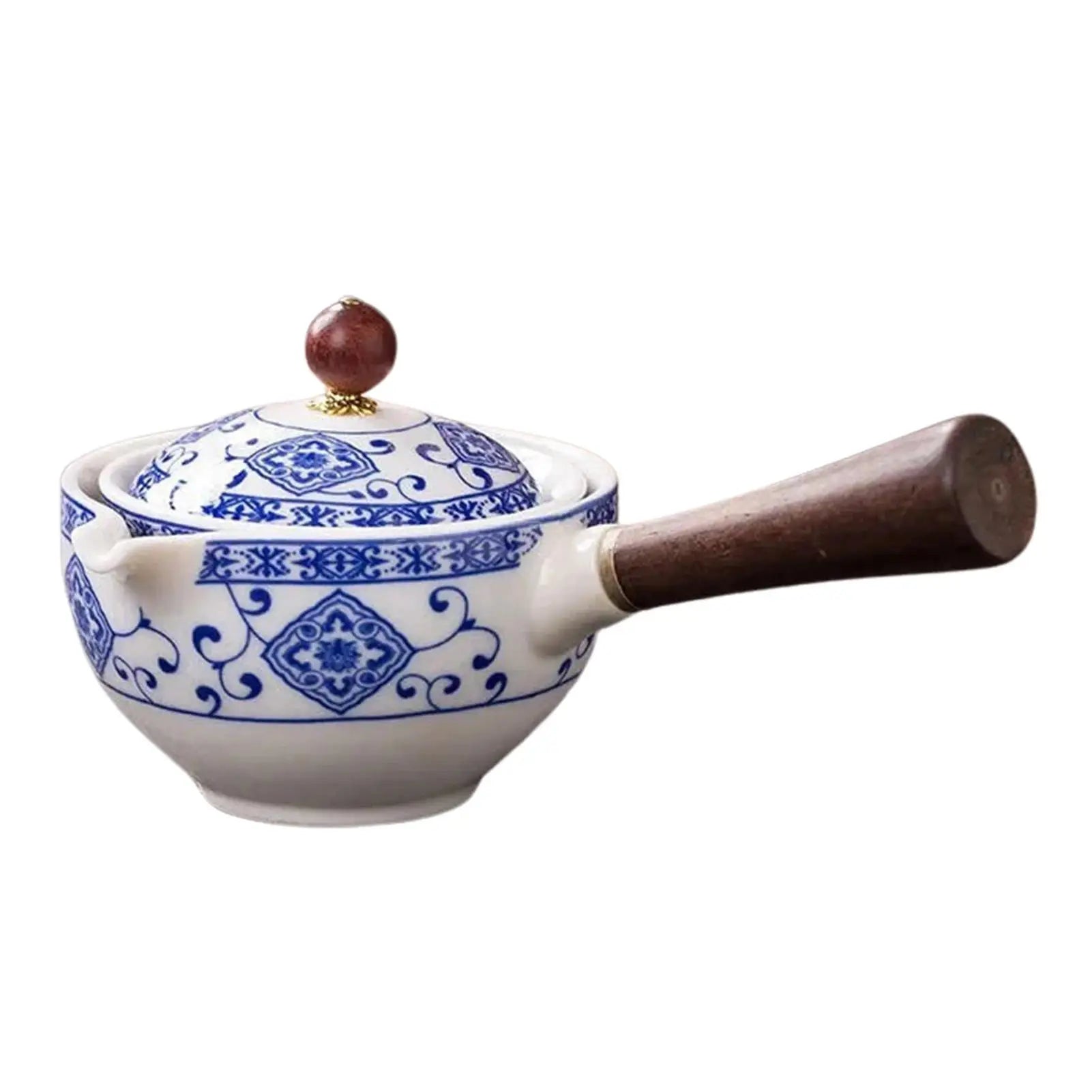 Ceramic pot with blue patterns and wooden handle on a white background