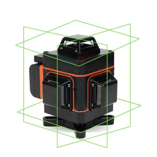 Black and orange laser level with green lines on a white background