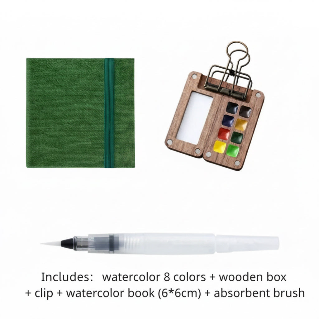 Schmincke watercolor set with wooden box, clip, watercolor book, and absorbent brush on a white background.