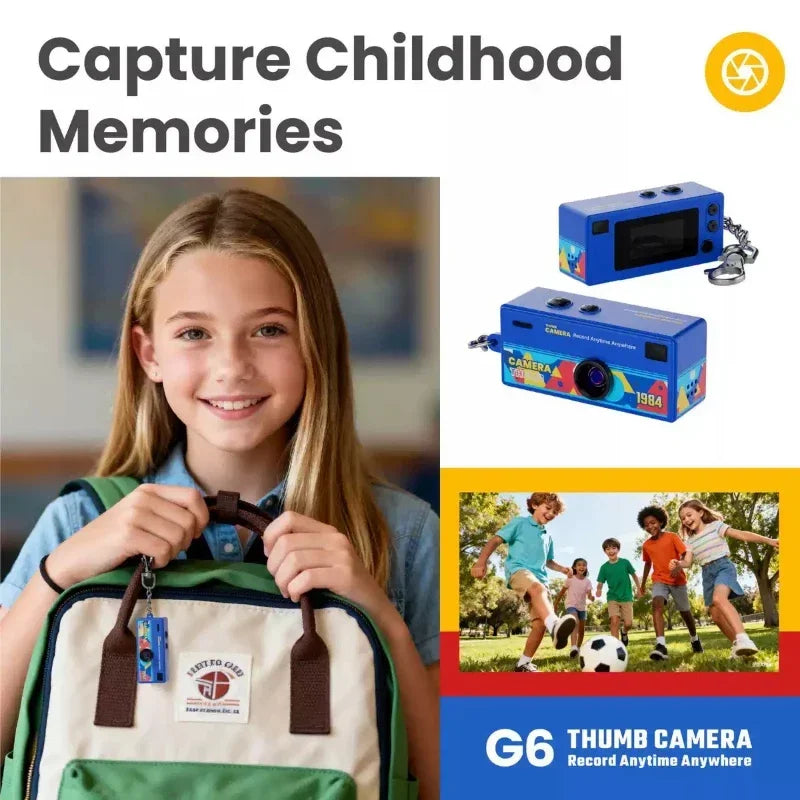 Child with backpack featuring a G6 Thumb Camera, surrounded by images of children playing and text 'Capture Childhood Memories'.