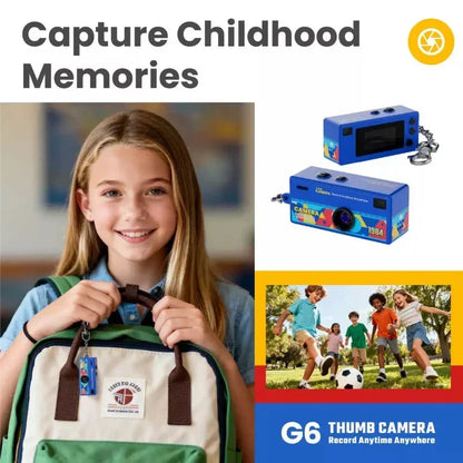 Child with backpack featuring a G6 Thumb Camera, surrounded by images of children playing and text 'Capture Childhood Memories'.