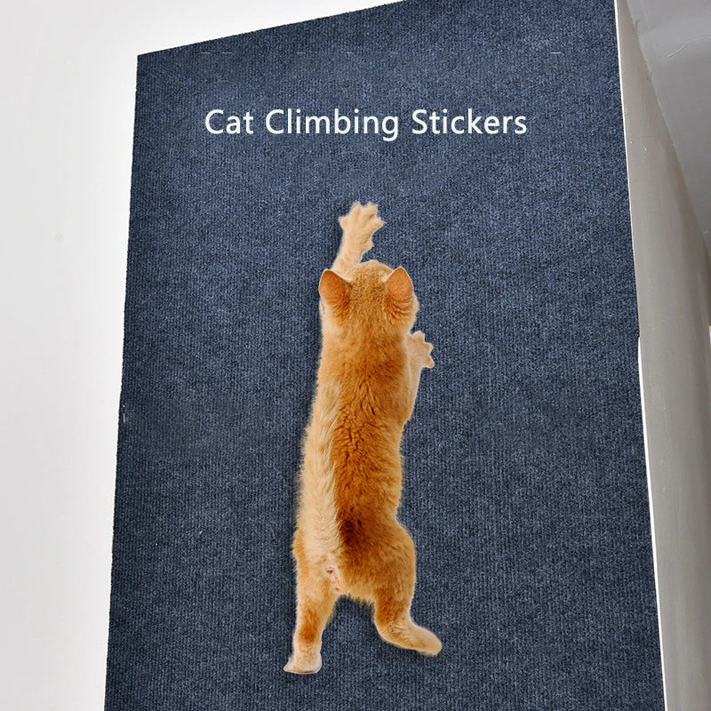 Cat climbing sticker on a blue textured background with 'Cat Climbing Stickers' text.