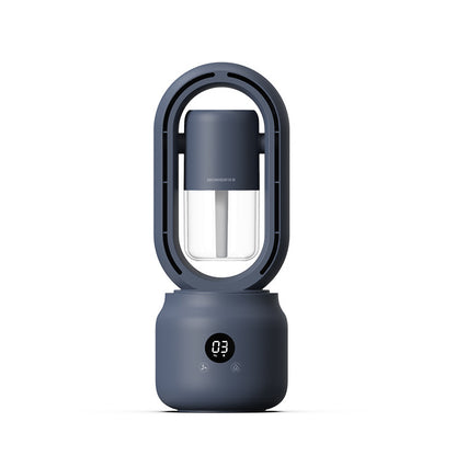 Blue portable humidifier with digital display on a white background