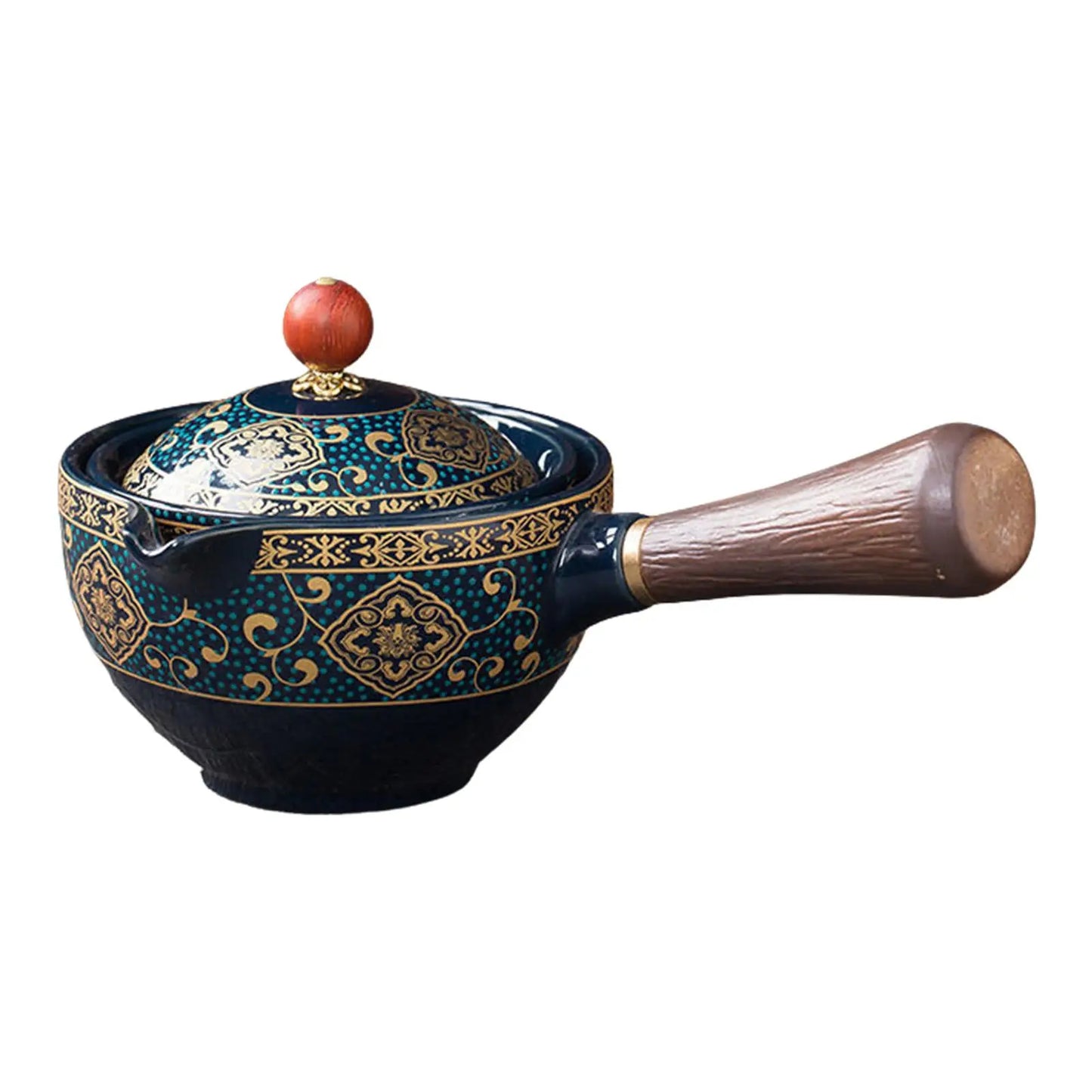 Decorative ceramic pot with a wooden handle on a white background