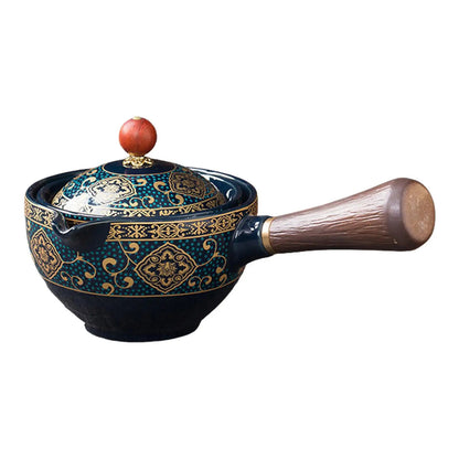 Decorative ceramic pot with a wooden handle on a white background