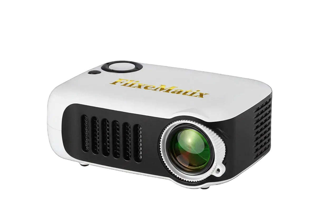 Flixematix video projector in white and black on a white background