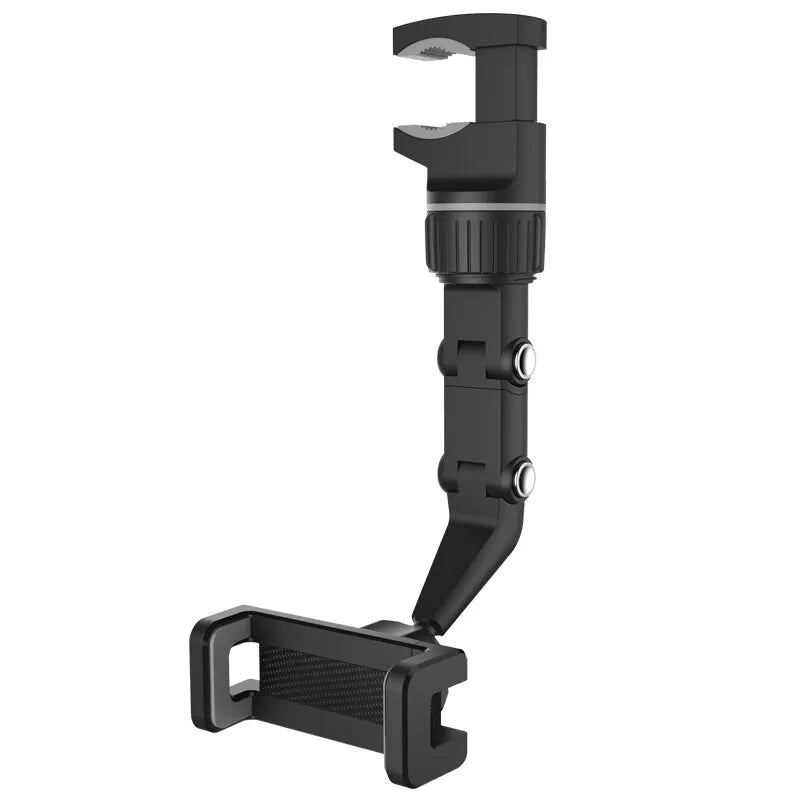 Black smartphone holder with adjustable arm on a white background