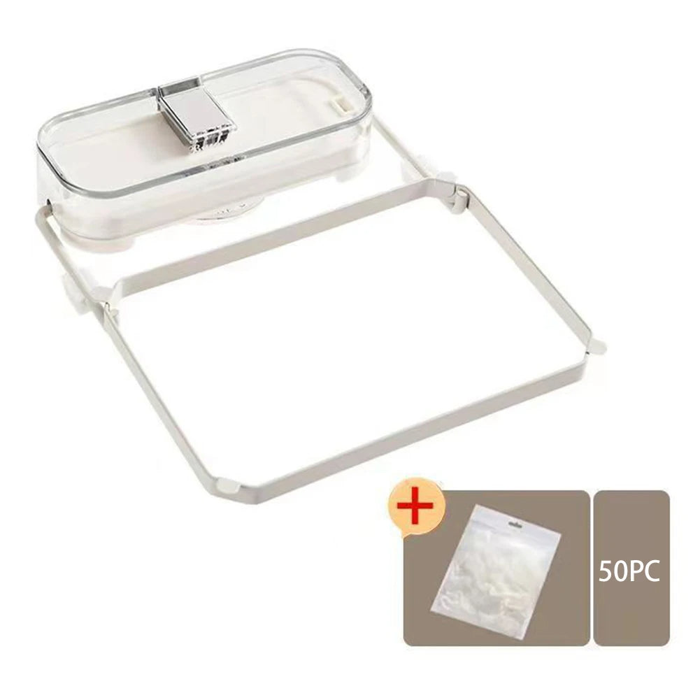 White jewelry organizer with a clear lid on a white background, featuring an inset image of 50 plastic bags.