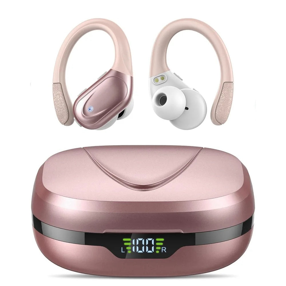 Pink wireless earbuds with charging case on a white background