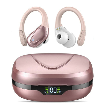 Pink wireless earbuds with charging case on a white background