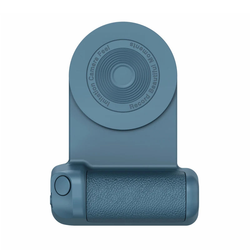 Blue camera lens cover with textured grip on a white background