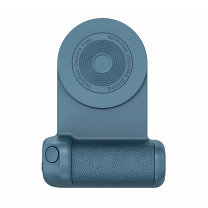Blue camera lens cover with textured grip on a white background