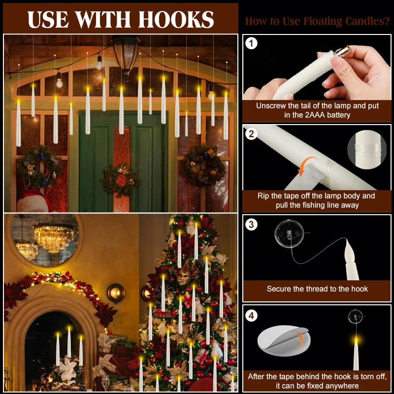 Instructions on how to use floating candles with hooks for decorative purposes.