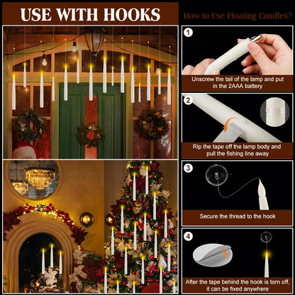 Instructions on how to use floating candles with hooks for decorative purposes.
