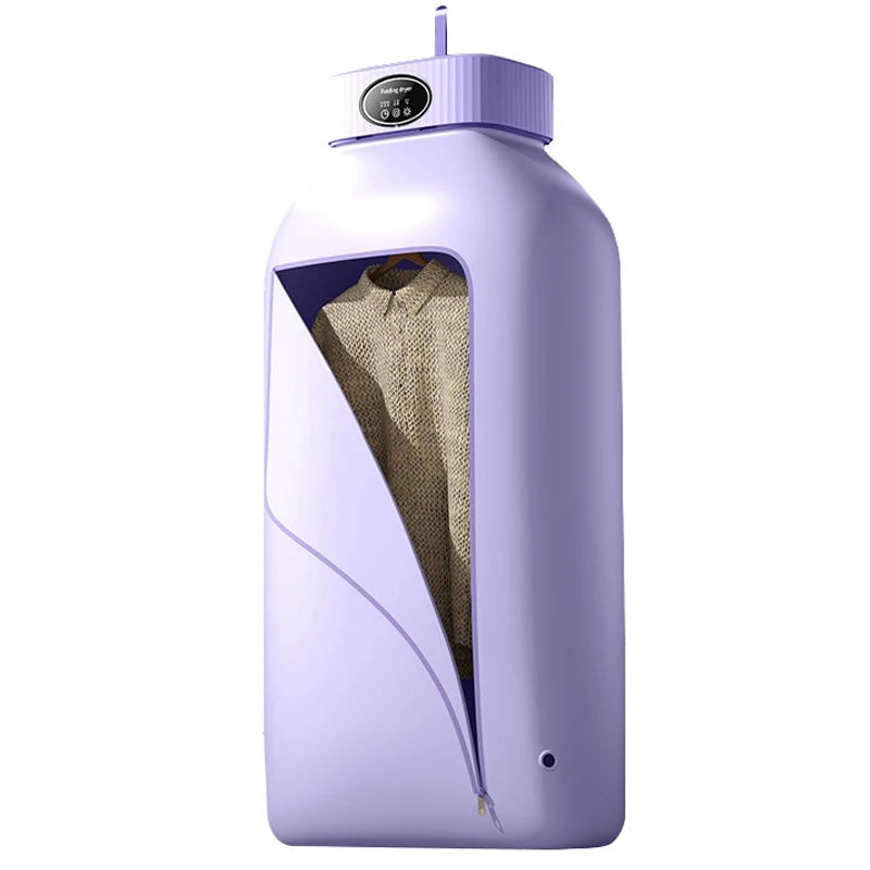 Purple garment steamer with a shirt inside on a white background