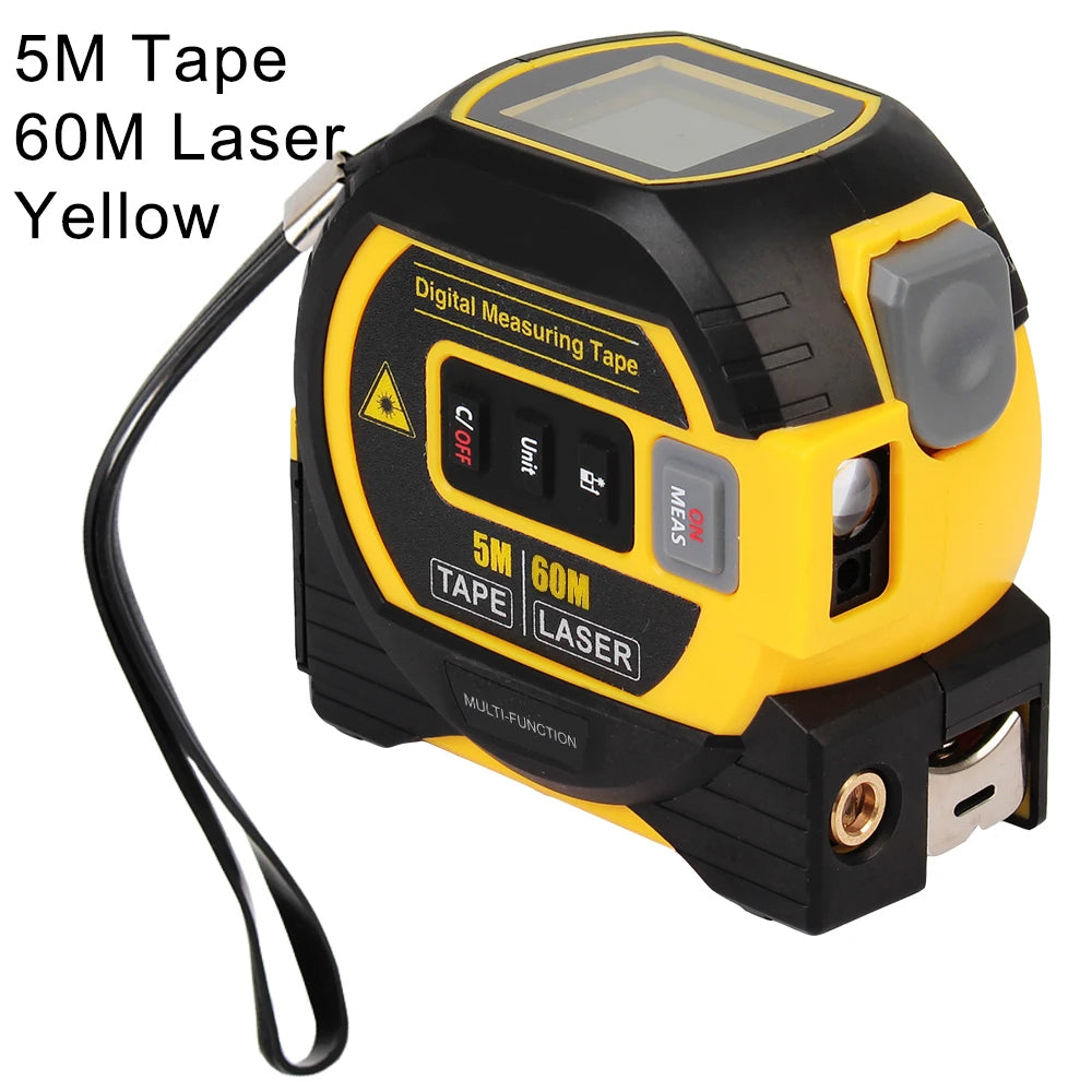 Yellow digital measuring tape with laser function on a white background; 5m Tape, 60m Laser.