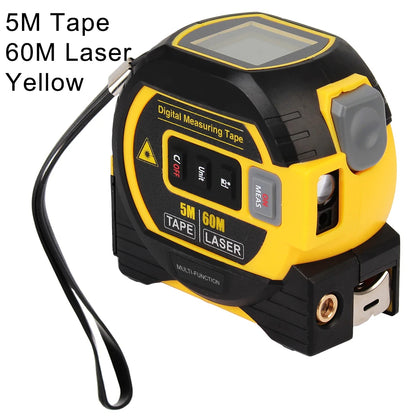 Yellow digital measuring tape with laser function on a white background; 5m Tape, 60m Laser.